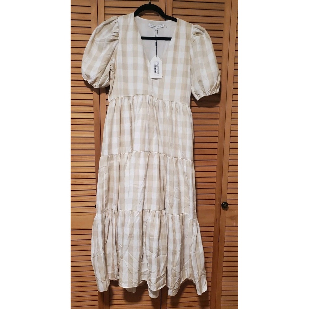 English Factory Tan And White Gingham Midi Dress Size Medium - Picture 2 of 13